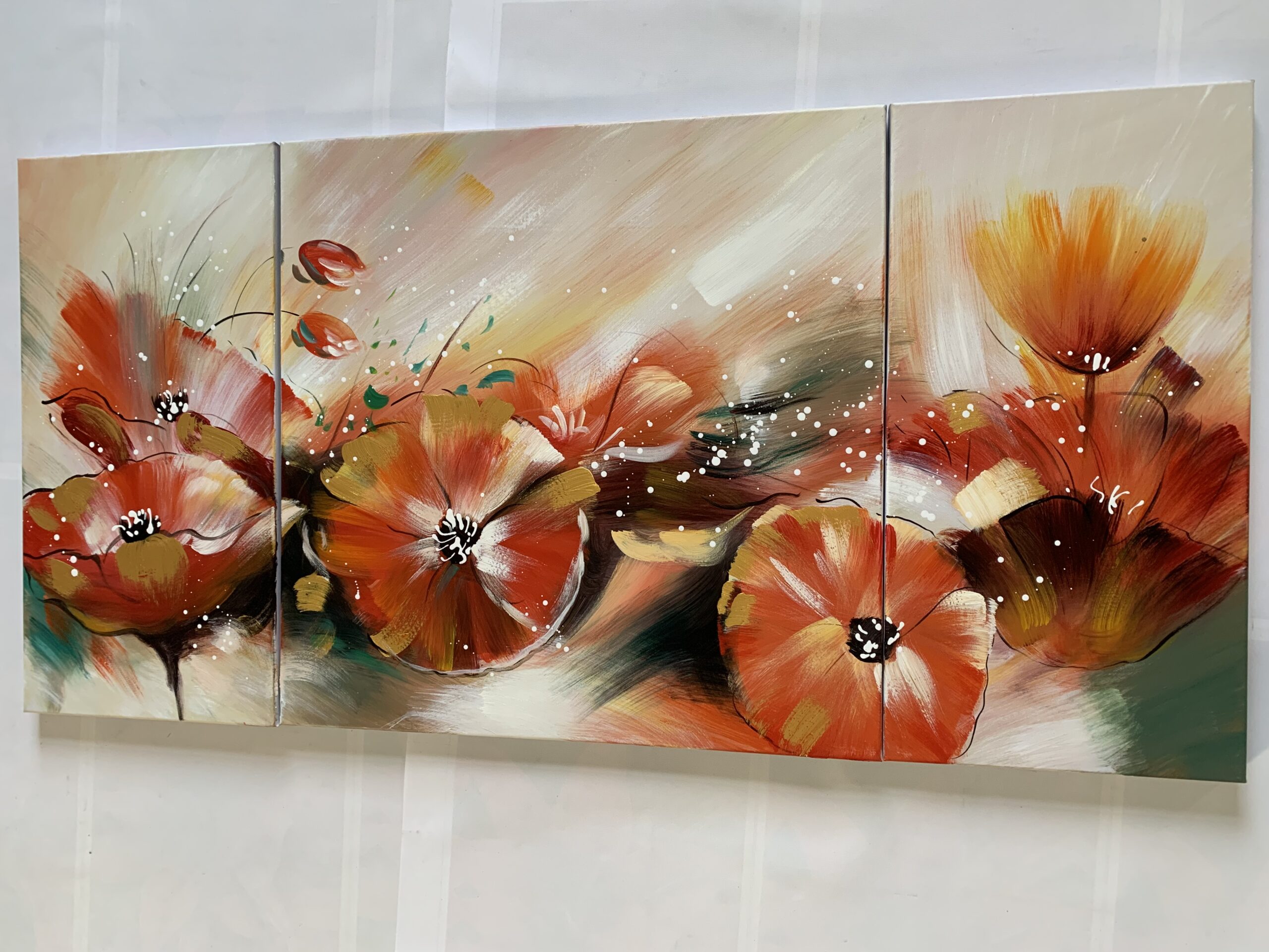 Quadri fiori arancio dipinti a mano su tre tele - Dipinti Moderni