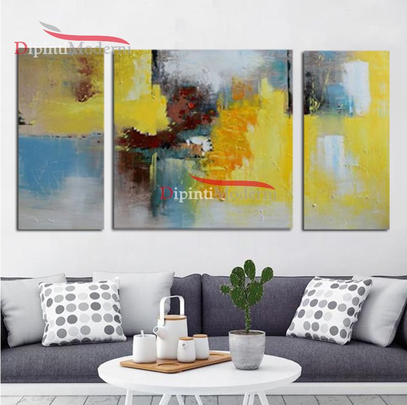 Quadro astratto trittico giallo decorativo soggiorno - Dipinti Moderni