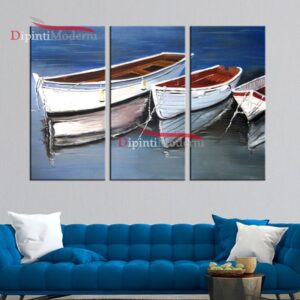 Quadro barche di legno bianche ormeggiate mare olio su tela