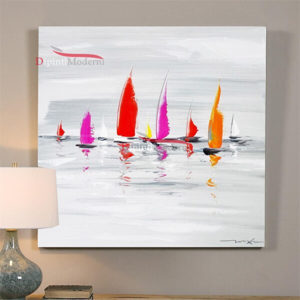 Quadri con barche a vela colorate dipinto a mano