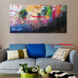 Quadro astratto dipinto su tela con alberi verdi e colori