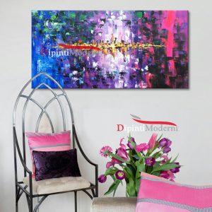 Quadro astratto dipinto a mano blu rosa viola