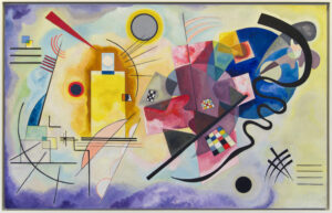 Quadro astratto riproduzione Kandinsky dipinto a mano giallo rosso blu