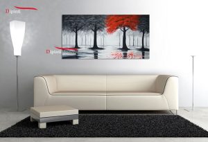 Dipinto astratto con alberi grigio nero rosso