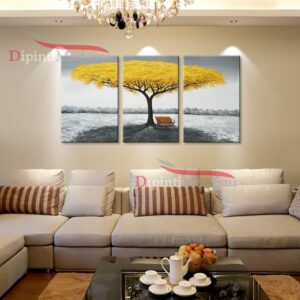 Quadri astratti trttico con albero giallo