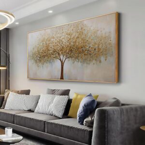Dipinto a mano astratto su tela con albero foglie oro