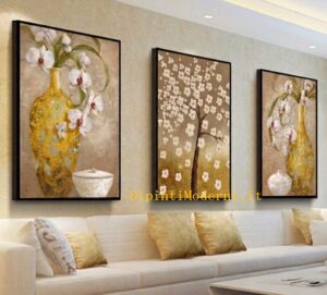 Quadri moderni dipinti a mano su tela con vasi e fiori oro gold