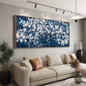 Grande dipinto a mano con albero e sfondo blu